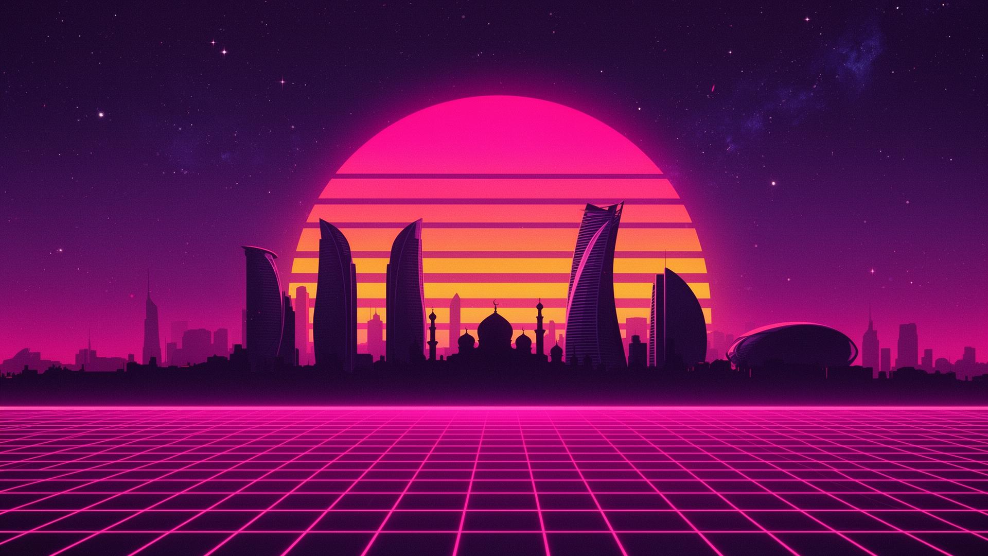 Synthwave retro futuristic Abu Dhabi skyline at sunset